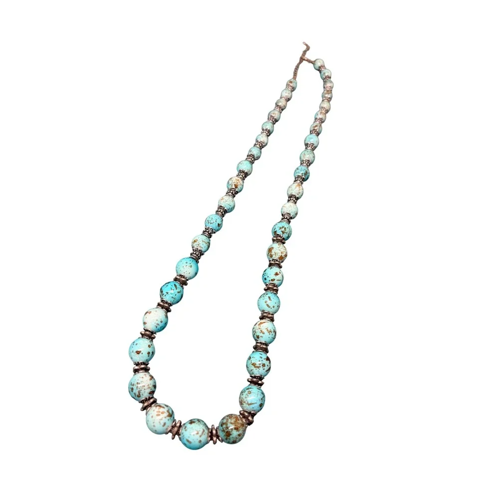 Turquoise Speckled Beaded Statement Necklace Silver Tone Boho Southwestern